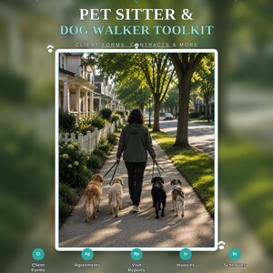 Könnte beinhalten: Ein digitales Toolkit für Tiersitter und Hundeführer mit dem Text PET SITTER & DOG WALKER TOOLKIT, CLIENT FORMS, CONTRACTS & MORE. Es enthält Symbole für Kundenformulare, Verträge, Besuchsberichte, Rechnungen und Zeitpläne im PDF-Format.