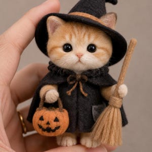 Könnte beinhalten: Eine nadelgefilzte orangefarbene getigerte Kätzchenfigur als Hexe verkleidet. Das Kätzchen trägt einen schwarzen spitzen Hut mit orangefarbenem Band und einen schwarzen Umhang. Es hält einen kleinen orangefarbenen Kürbiseimer und einen Besen.