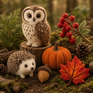 May include: A needle-felted brown and white owl perched on a wooden stump, a small hedgehog, an orange pumpkin, a brown acorn, a red maple leaf, and a sprig of red berries. These handcrafted figures are arranged together in a forest setting.