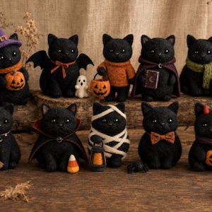 Conjunto de gatos negros de Halloween hechos con fieltro de aguja, gatitos espeluznantes en miniatura de fieltro de lana, figuritas de gatos momia, brujas y vampiros, decoración para la temporada de Halloween.