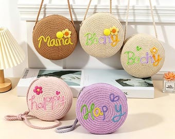 Borsa rotonda in paglia personalizzata, borsetta a tracolla con nome personalizzato a forma di margherita, borsetta estiva intrecciata per bambini, regalo carino per ragazze