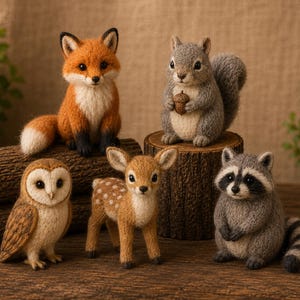 May include: A collection of five needle-felted animal figurines including a fox, a squirrel holding an acorn, a barn owl, a fawn with white spots, and a raccoon with a striped tail, all arranged on and around two wooden log segments.