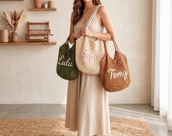 Personalized Beach Tote Bag, Custom Name Canvas Bag, Bridesmaid Gift Bag, Wedding Favor, Travel Tote for Her
