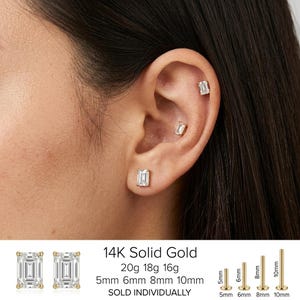 May include: Three 14K solid gold stud earrings with emerald-cut clear stones. The text reads 14K Solid Gold, 20g 18g 16g, 5mm 6mm 8mm 10mm, SOLD INDIVIDUALLY. Four post lengths are shown: 5mm, 6mm, 8mm, and 10mm with corresponding labels.