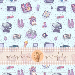 May include: A repeating pattern on a light blue background with white polka dots featuring 1990s icons including VHS tapes, game consoles, cassette tapes, a boombox, a Rubik's cube, a Furby, a handheld game, a mobile phone, and ballet flats.