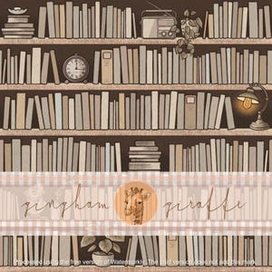 May include: A digital illustration of a bookshelf pattern featuring rows of books in neutral beige and brown tones. The design includes a vintage radio, a round clock, a desk lamp with a glowing bulb, and potted plants, with a central logo.