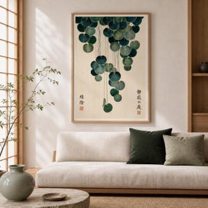 Japandi Botanical Print, Cascading Leaves Wall Art, Japanese Garden Poster, Teal & Gold Vintage Botanical, Zen Wall Decor, Japanese decor image 3