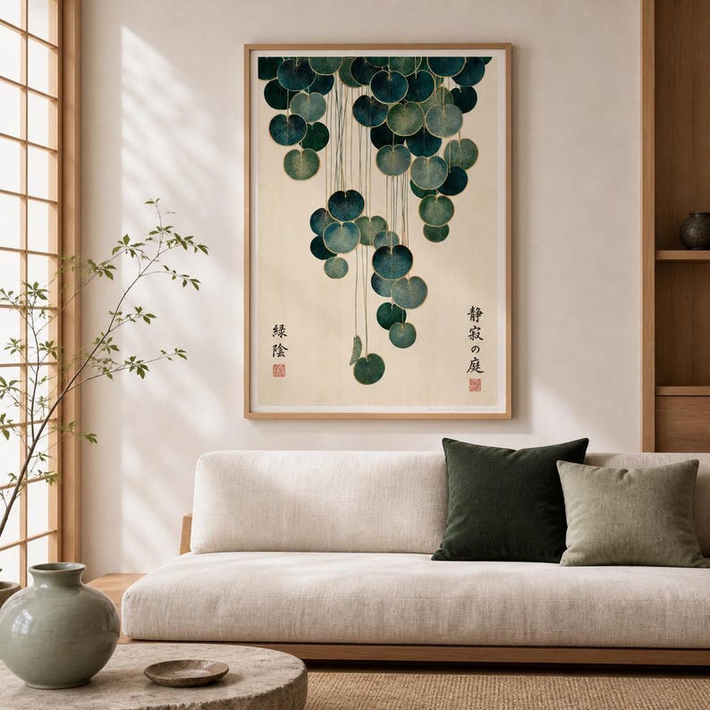 Japandi Botanical Print, Cascading Leaves Wall Art, Japanese Garden Poster, Teal & Gold Vintage Botanical, Zen Wall Decor, Japanese decor image 3