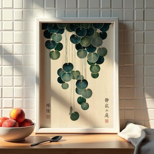 Japandi Botanical Print, Cascading Leaves Wall Art, Japanese Garden Poster, Teal & Gold Vintage Botanical, Zen Wall Decor, Japanese decor image 15