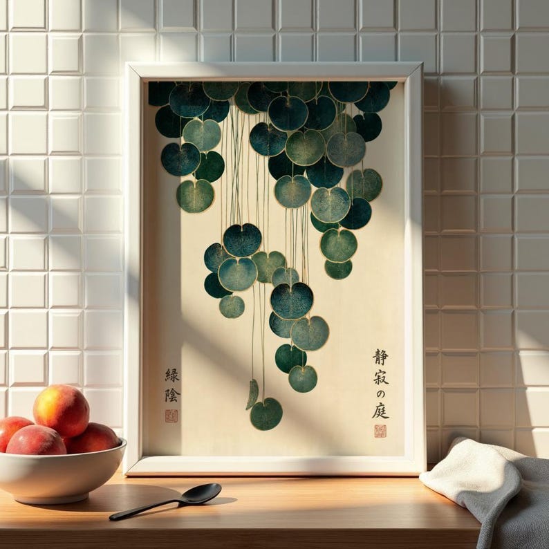 Japandi Botanical Print, Cascading Leaves Wall Art, Japanese Garden Poster, Teal & Gold Vintage Botanical, Zen Wall Decor, Japanese decor image 15