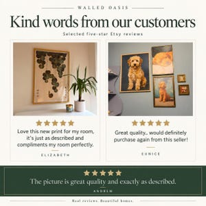 The image is a collage of two pictures, each featuring a different type of artwork. The first picture is a framed print of a plant, and the second picture is a framed painting of a dog. Both pictures are described as "love this new print for my room" and "great quality, would definitely purchase again from this seller!" The collage also includes a rating of 5 stars for each artwork, indicating that the customers loved the artworks.