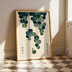 Japandi Botanical Print, Cascading Leaves Wall Art, Japanese Garden Poster, Teal & Gold Vintage Botanical, Zen Wall Decor, Japanese decor image 17
