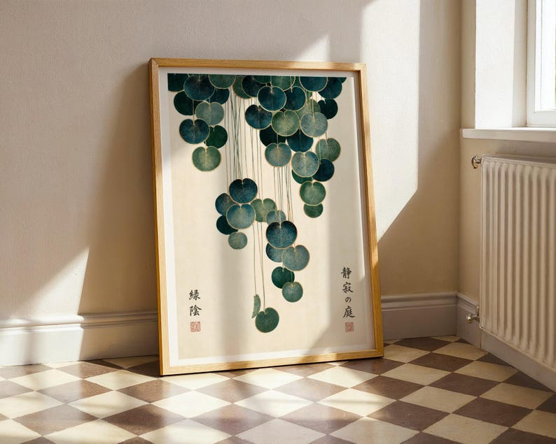 Japandi Botanical Print, Cascading Leaves Wall Art, Japanese Garden Poster, Teal & Gold Vintage Botanical, Zen Wall Decor, Japanese decor image 17