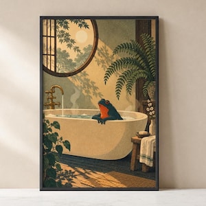 Funny Frog in Bathtub Print, Frog Bathing Bathroom Wall Art, Japanese Woodblock Style Poster, Quirky Novelty Humor Bathroom Decor Gift Ideas