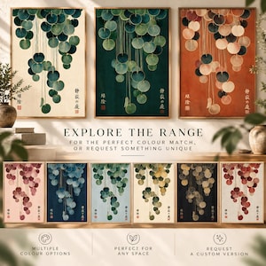 The image is a collage of six framed artworks, each featuring a unique design of green circles or leaves. The artworks are arranged in a grid format, with three on the top row and three on the bottom row. The artworks display various color options, and the text encourages viewers to explore the range for the perfect color match or request something unique.