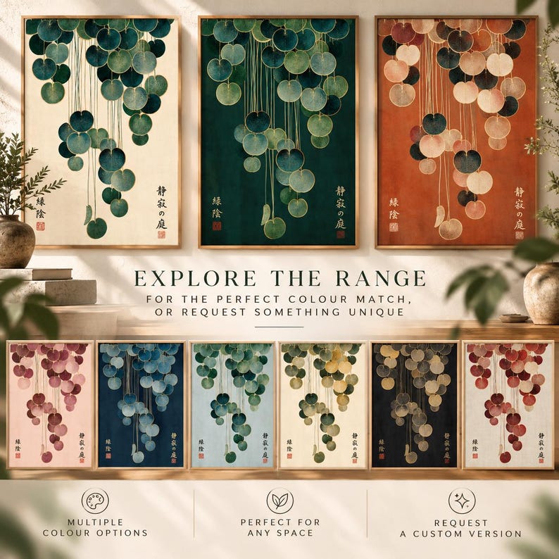The image is a collage of six framed artworks, each featuring a unique design of green circles or leaves. The artworks are arranged in a grid format, with three on the top row and three on the bottom row. The artworks display various color options, and the text encourages viewers to explore the range for the perfect color match or request something unique.