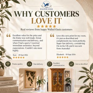 May include: A Walled Oasis customer review graphic featuring a blue bird logo, the text Why Customers Love It, and two five-star reviews from Kate and Elizabeth. Below are four icons labeled Frame quality, Fast delivery, Excellent communication, and Just as described, with two photos showing framed wall art.