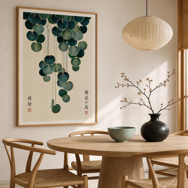 Japandi Botanical Print, Cascading Leaves Wall Art, Japanese Garden Poster, Teal & Gold Vintage Botanical, Zen Wall Decor, Japanese decor image 19