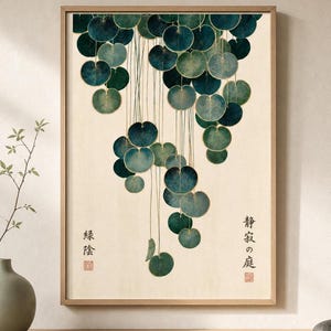 Japandi Botanical Print, Cascading Leaves Wall Art, Japanese Garden Poster, Teal & Gold Vintage Botanical, Zen Wall Decor, Japanese decor image 1