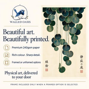 The image is an advertisement for Walled Oasis, featuring a beautiful art print of a hanging plant with green leaves and gold circles. The ad highlights the print as "Beautiful art. Beautifully printed." and lists the features of the print, including premium 240gsm paper, rich color, sharp detail, framed or unframed options, and physical art delivered to your door. The ad also mentions that the frame is included only when a framed option is selected.
