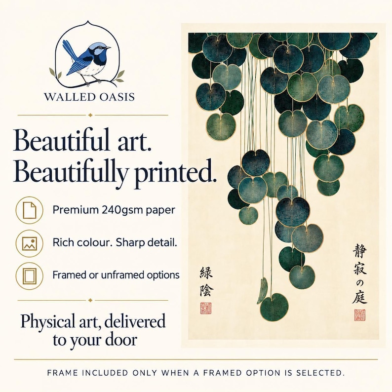 The image is an advertisement for Walled Oasis, featuring a beautiful art print of a hanging plant with green leaves and gold circles. The ad highlights the print as "Beautiful art. Beautifully printed." and lists the features of the print, including premium 240gsm paper, rich color, sharp detail, framed or unframed options, and physical art delivered to your door. The ad also mentions that the frame is included only when a framed option is selected.