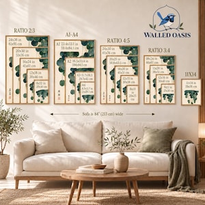 May include: A wall art size guide displaying various print dimensions in inches and centimeters, featuring a botanical illustration of hanging green leaves. The chart includes ratios 2:3, A1-A4, 4:5, 3:4, and 11x14, with a sofa reference of 84 inches wide.