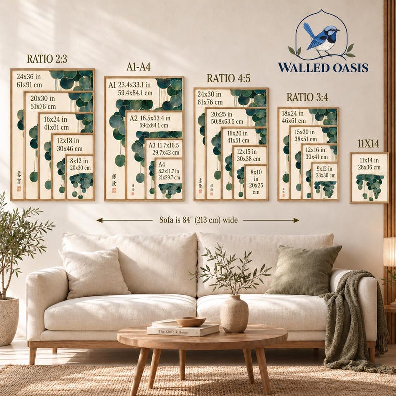 May include: A wall art size guide displaying various print dimensions in inches and centimeters, featuring a botanical illustration of hanging green leaves. The chart includes ratios 2:3, A1-A4, 4:5, 3:4, and 11x14, with a sofa reference of 84 inches wide.
