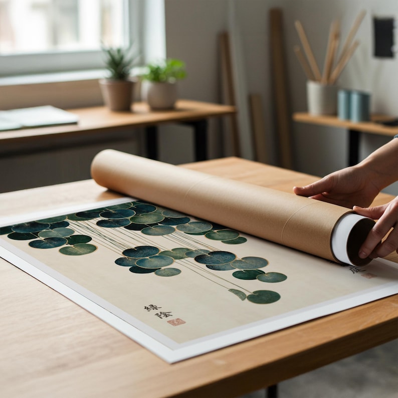Japandi Botanical Print, Cascading Leaves Wall Art, Japanese Garden Poster, Teal & Gold Vintage Botanical, Zen Wall Decor, Japanese decor image 12