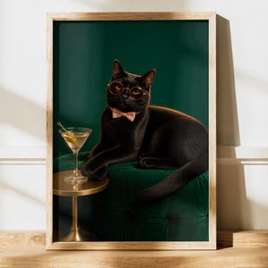 Affiche élégante de chat noir, Décoration murale amusante avec un chat et un martini, Poster de chat cool avec lunettes, Décoration de chariot de bar émeraude, Cadeau pour amoureux des chats noirs
