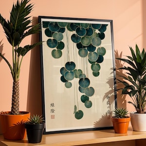 Japandi Botanical Print, Cascading Leaves Wall Art, Japanese Garden Poster, Teal & Gold Vintage Botanical, Zen Wall Decor, Japanese decor image 16