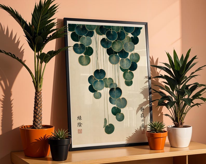 Japandi Botanical Print, Cascading Leaves Wall Art, Japanese Garden Poster, Teal & Gold Vintage Botanical, Zen Wall Decor, Japanese decor image 16