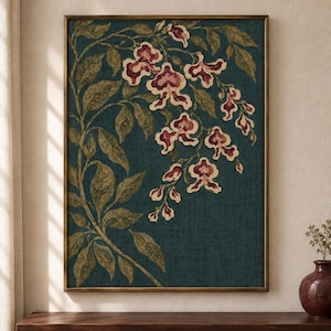 May include: A rectangular wall art piece in a thin bronze frame featuring a dark teal background with a botanical illustration of a trailing vine. The vine has textured olive green leaves and clusters of small, deep red and cream flowers.