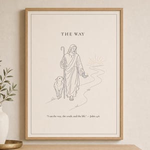 Lámina de arte lineal "El Camino", arte mural de Jesús el Buen Pastor, dibujo minimalista cristiano lineal, lámina con la escritura Juan 14:6, decoración para el hogar basada en la fe.