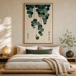 Japandi Botanical Print, Cascading Leaves Wall Art, Japanese Garden Poster, Teal & Gold Vintage Botanical, Zen Wall Decor, Japanese decor image 13