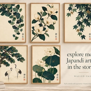 a collection of six framed Japanese artworks, each featuring different botanical illustrations, including flowers, leaves, and birds. The artworks are arranged on a wall, and there is a text overlay that encourages viewers to explore more Japanese artwork in the store.
