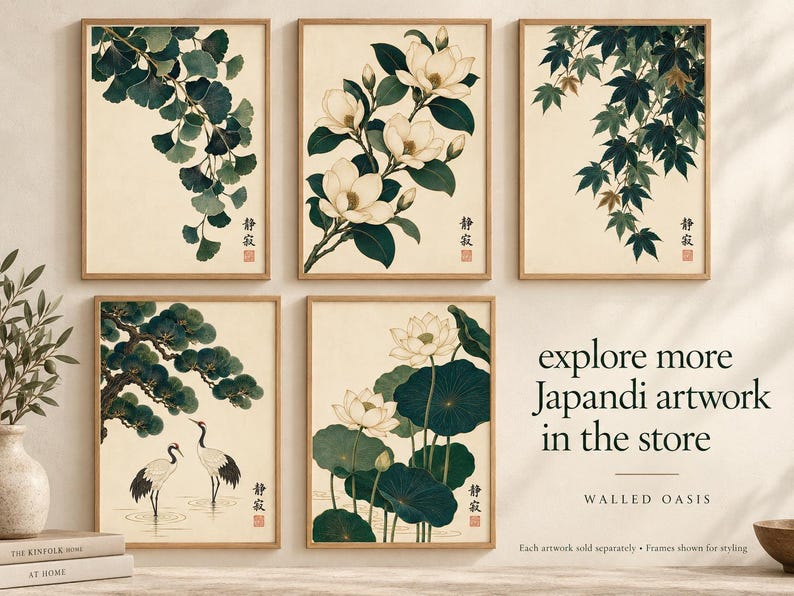 a collection of six framed Japanese artworks, each featuring different botanical illustrations, including flowers, leaves, and birds. The artworks are arranged on a wall, and there is a text overlay that encourages viewers to explore more Japanese artwork in the store.