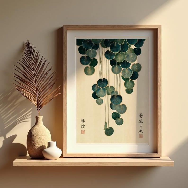 Japandi Botanical Print, Cascading Leaves Wall Art, Japanese Garden Poster, Teal & Gold Vintage Botanical, Zen Wall Decor, Japanese decor image 14