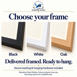 three different framed artworks, each with a distinct color and frame type, along with a bird logo and text that reads "Choose your frame".