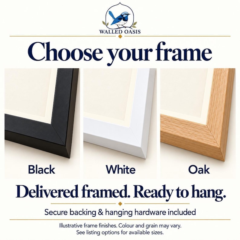 three different framed artworks, each with a distinct color and frame type, along with a bird logo and text that reads "Choose your frame".