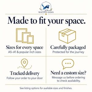 The image is a visual guide for ordering custom-sized items, such as picture frames, from Walled Oasis. It provides information on the available sizes and the process of ordering, including the need for a custom size, the tracking delivery process, and the message to check availability before placing an order.