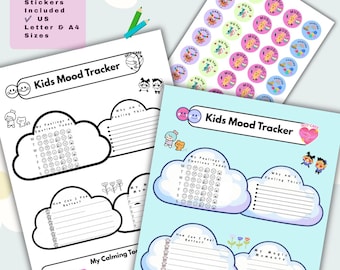 Può includere: Un set stampabile per il monitoraggio dell'umore dei bambini con due fogli contenenti sezioni a forma di nuvola per registrare sentimenti, emozioni e strumenti di calma. Include un foglio di adesivi circolari con illustrazioni e testo, più due matite.