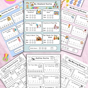 Può includere: Un set di sette pagine di pianificatore digitale per le emozioni e le routine dei bambini, con schemi stampabili a colori e in bianco e nero. Le pagine includono sezioni per le routine del mattino, del fine settimana e della sera.