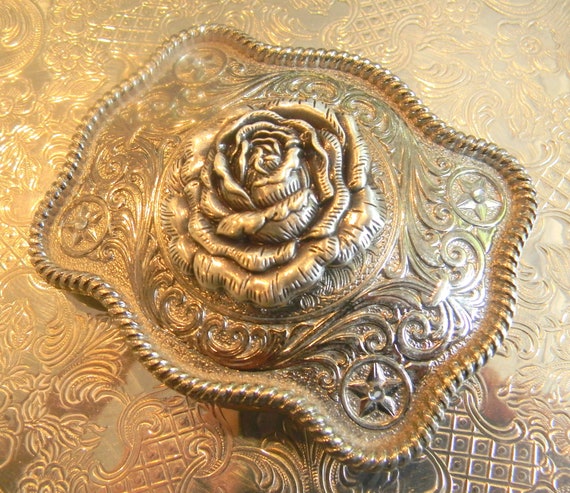 Silver Rose Western Belt Buckle, Flower Petal Nature Gift 