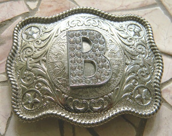 Monogram Letter B Personalized Silver Belt Buckle, Rhinestone Initial B Monogrammed Womens Mens Kids Western Belt Buckle, Custom Belt Buckle