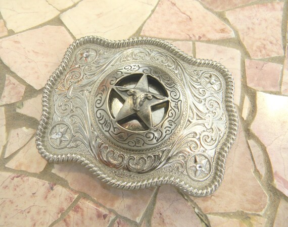 Cowgirl Cowboy Country Western Silver Tone Texas Star Rodeo Buckle Belt Buckle WESTERN STAR STATE OF TEXAS SILVER RODEO COWBOY COWGIRL BELT  main image 2