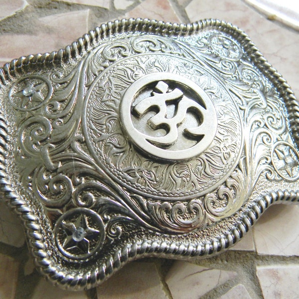 Yoga Silver Belt Buckle, Ohm Symbol, Meditation Mantra, Buddhist, Hindu, Namaste, Indie Clothing, Western Belt Buckle, Custom Boho Belt