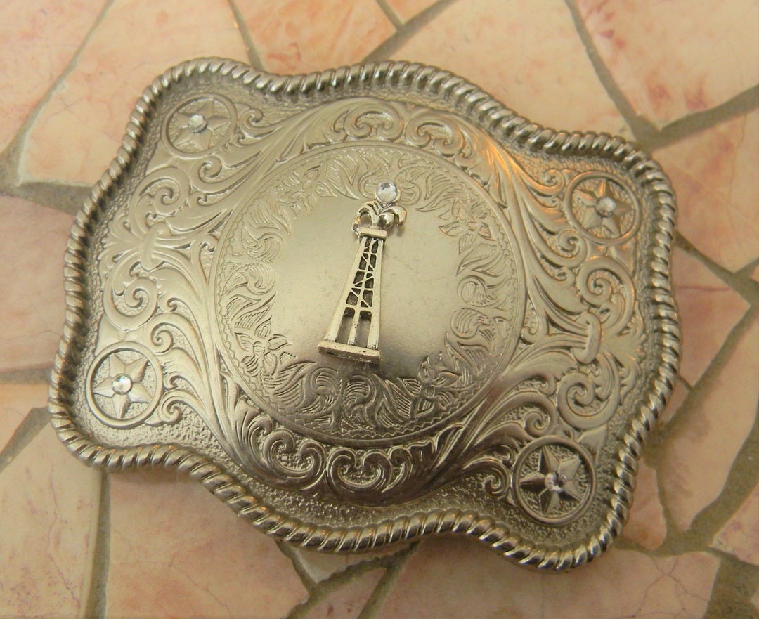 Oilfield Oil Rig Belt Buckle, Oil Derrick Silver Western Belt Buckle
