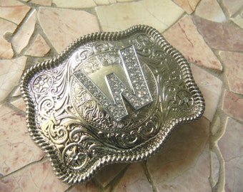 Monogram Letter W, Personalized Silver Belt Buckle, Rhinestone Initial, Monogrammed Womens Mens Kids Western Wear Gifts, Custom Belt Buckle