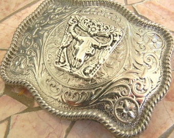 Silver Animal Skull Belt Buckle, Womens Western Custom Gift, American Cowgirl, Cow, Faux Taxidermy Bull, Steer , Country Festival Clothing