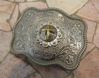 Gold Cross Belt Buckle, Silver Western Cross, Custom Christian Belt Buckle, Unique Etched Metal Crosses, Two Tone Gift